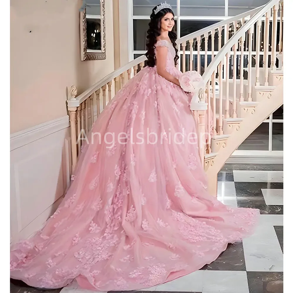 Angelsbride Pink Ball Gown Quinceanera Dresses 2025 Long Train Vestidos De 15 Anos Appliques Birthday Evening Party Dress