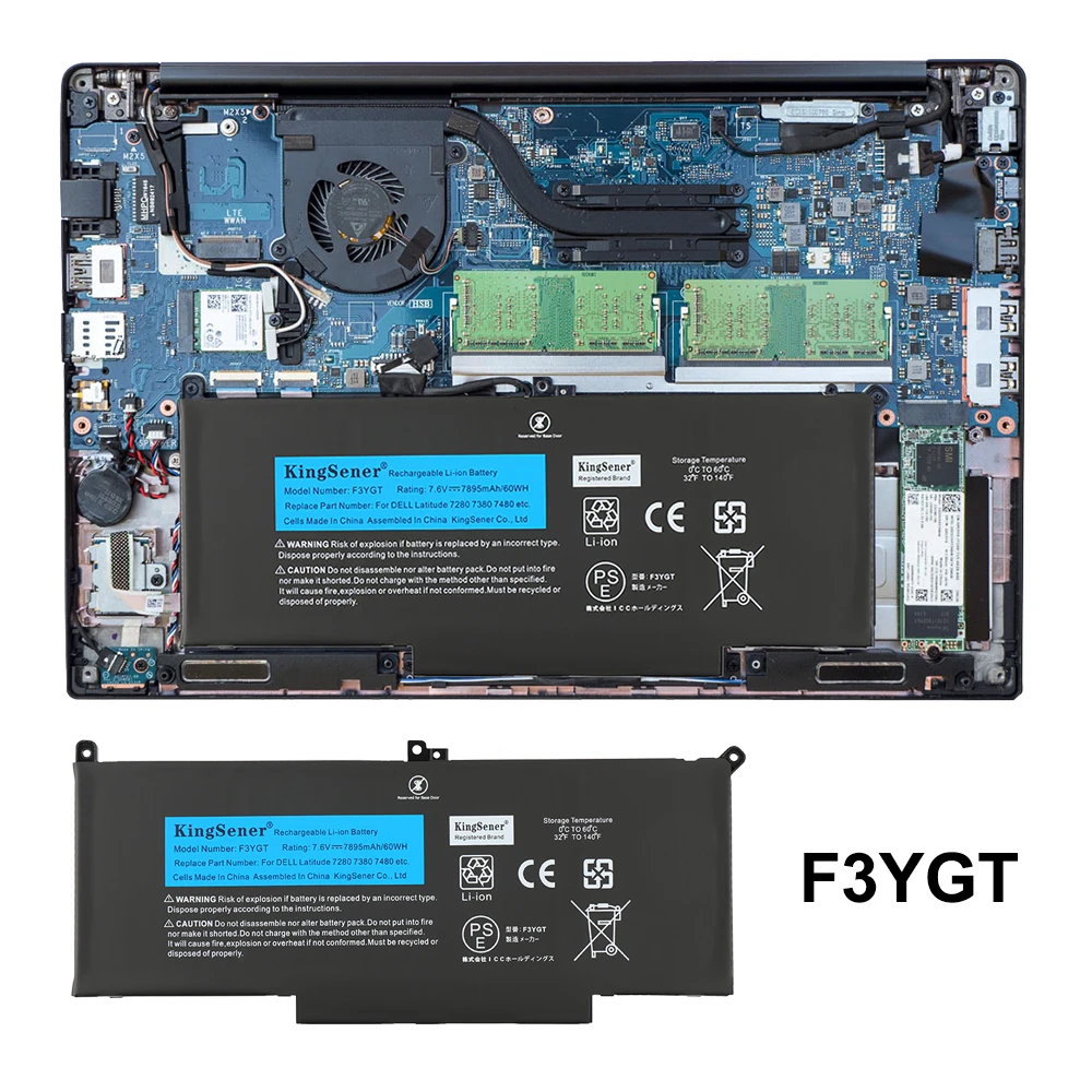 KingSener F3YGT 60WH Laptop Battery for DELL Latitude 12 7000 E7280 E7290 E7380 E7390 E7480 E7490 F3YGT 2X39G DJ1J0