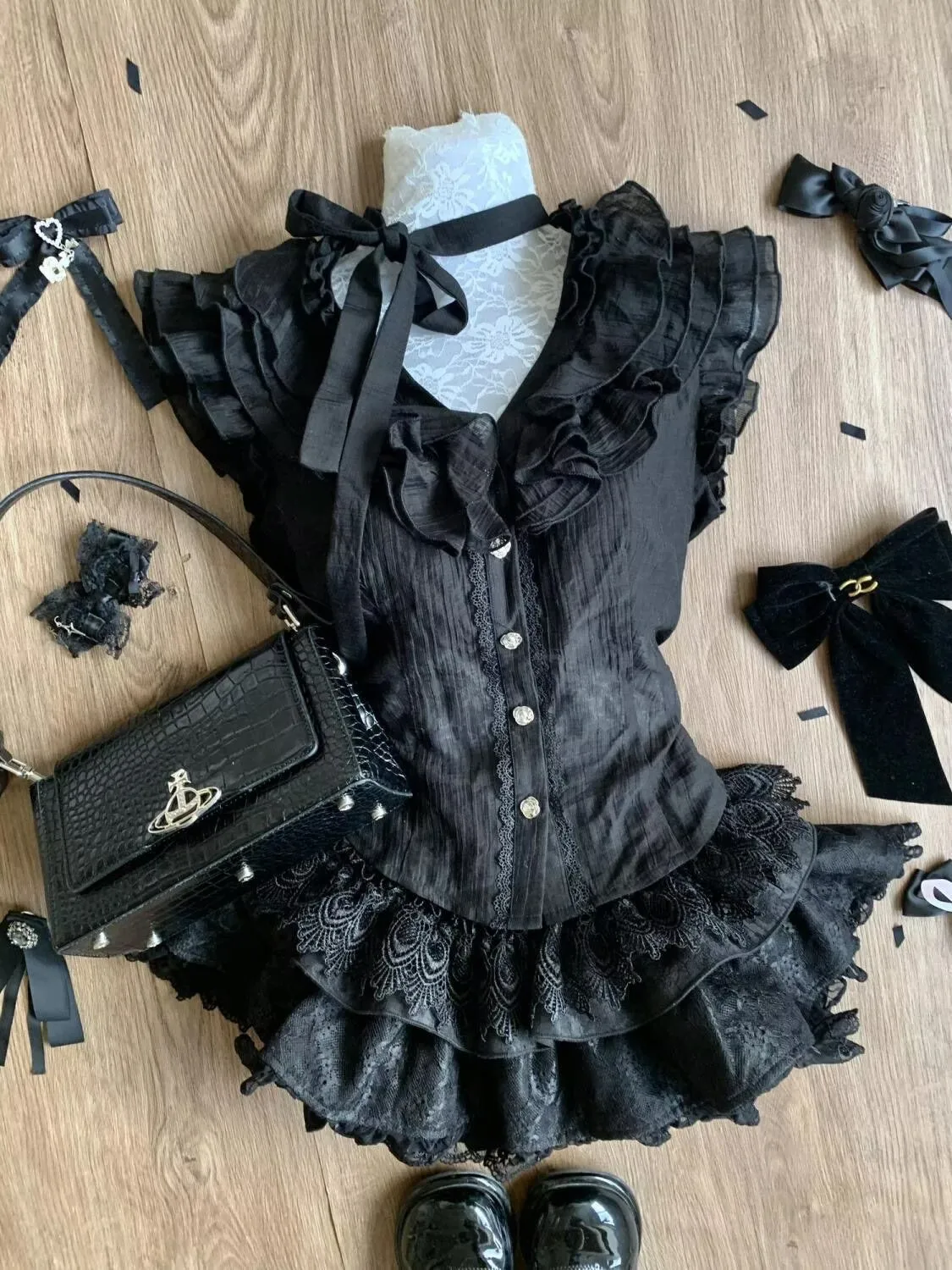 Summer Black Gothic 2 Piece Set Women Lace Ruffle Corset Top + Tiered Lace Cake Mini Skirt Women Y2K Grunge Aesthetic Outfit view 6