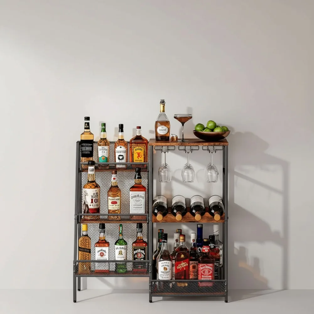 

3-Tier Trapezoidal Liquor Stand with Mini Bar Table, Freestanding Floor Wine Rack for Home Bar Display and Storage