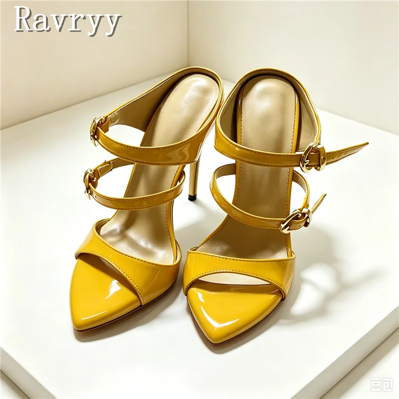Women Glossy Patent Leather Pointed Toe Stiletto Sandals Double Buckle Straps Mules Elegant Party Wedding High Heels Slippers