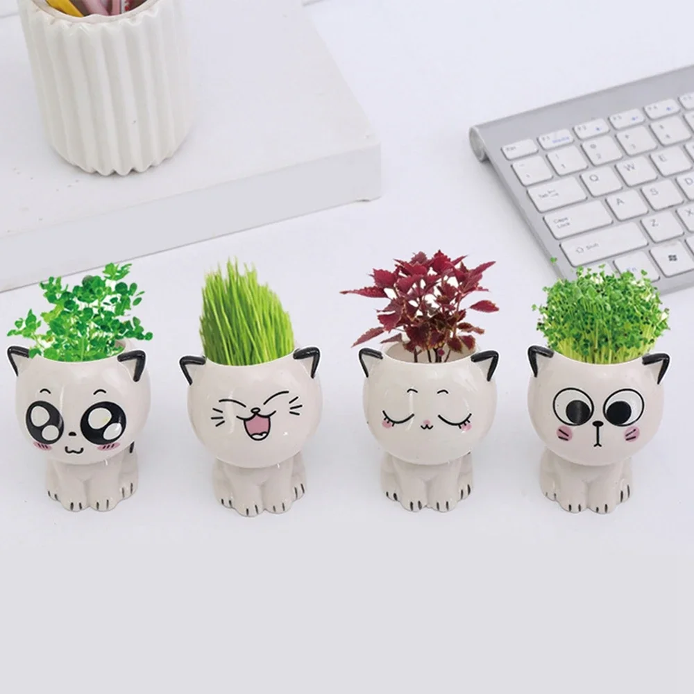 Vaso de cerâmica mini gato em forma de desenhos animados bonito vaso de mesa planta expressão vaso de mesa gato planta vaso de mesa decorar pequeno