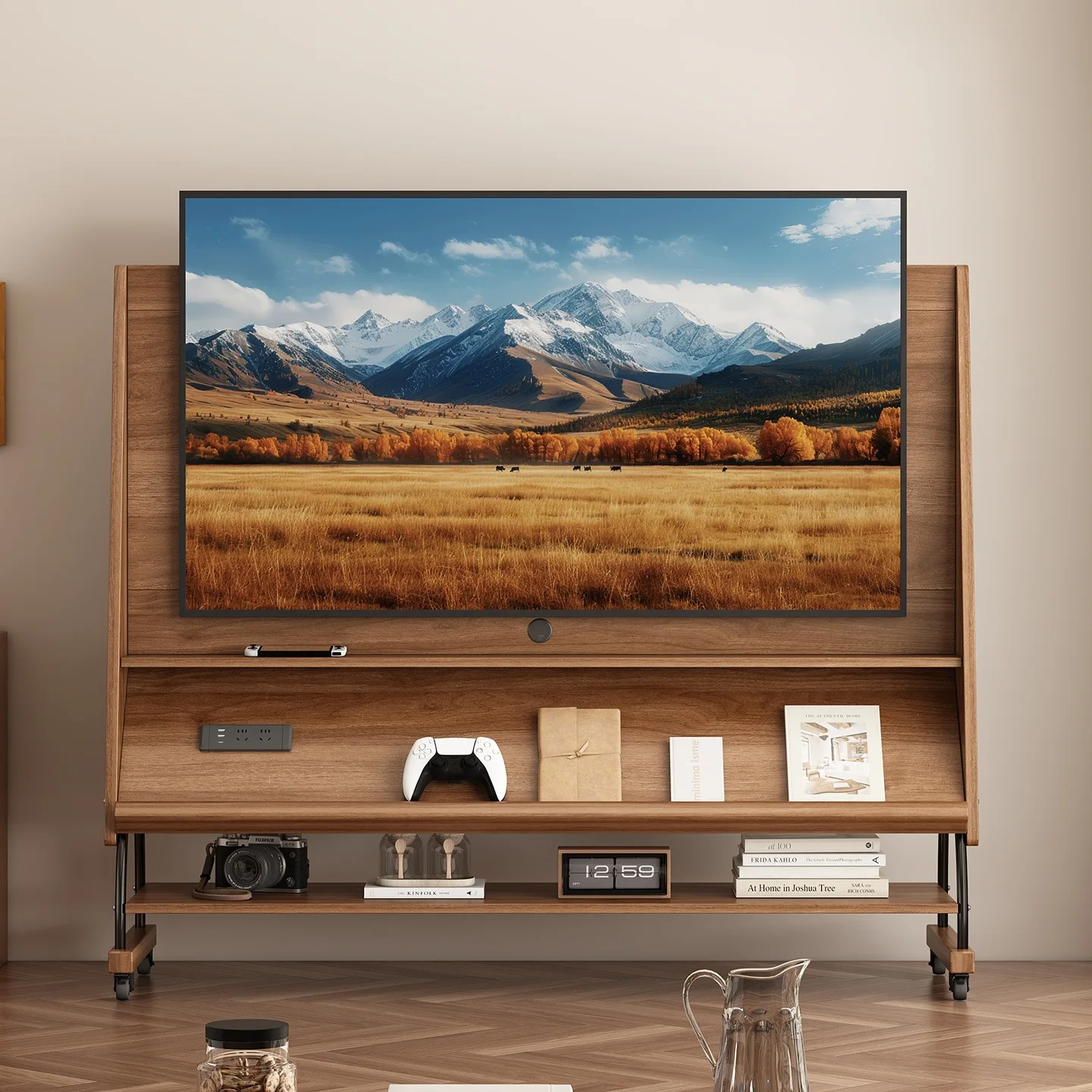 Solid wood removable TV cabinet living room household small apartment storage integrated TV bracket
