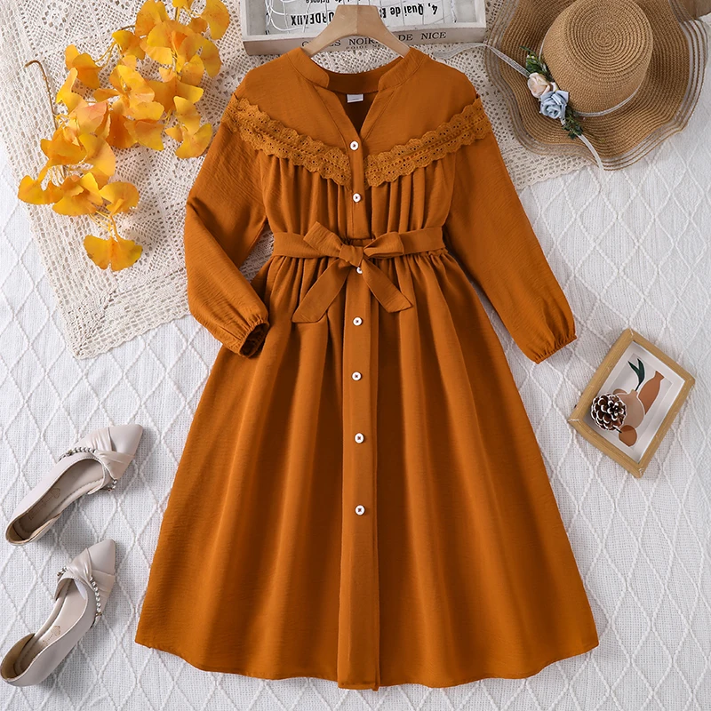 Big Girls Solid Orange Textured Dress, Stand Collar Pleated Belted High Waist Puff Sleeve Breathable Summer Outfit