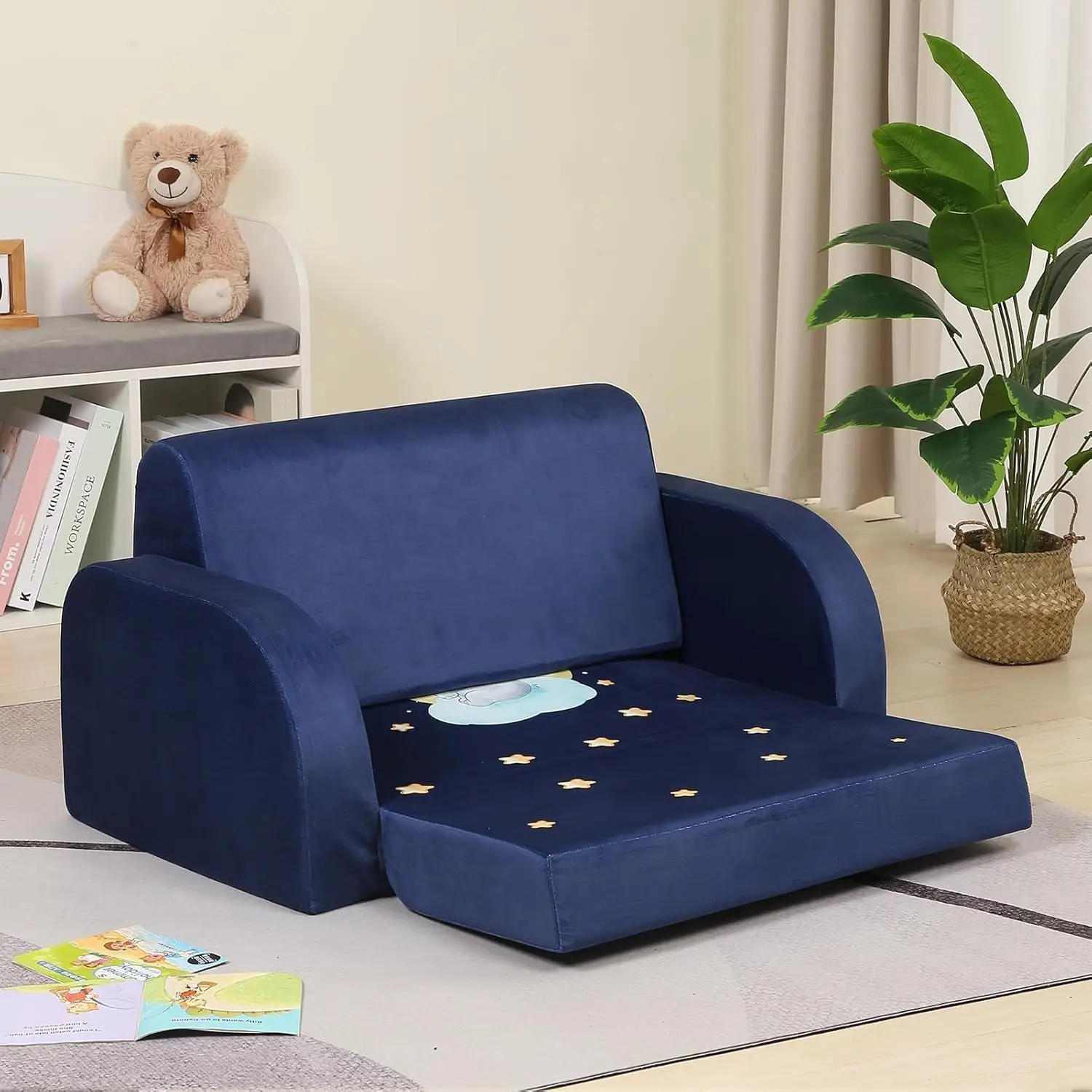 Sofá infantil 3 em 1, sofá infantil de veludo com design flip, espreguiçadeira extra larga azul marinho