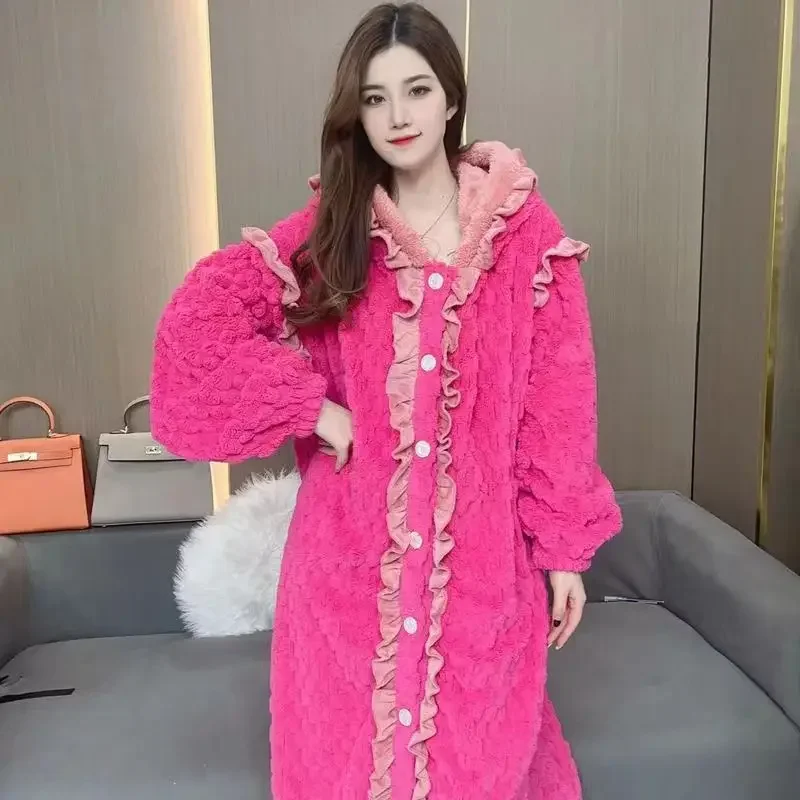 Can Be Worn Outside He Internet Celebrity Rose Red Pajama Women's Autumn and Winter High-grade Coral Velvet Thick Hooded Suit