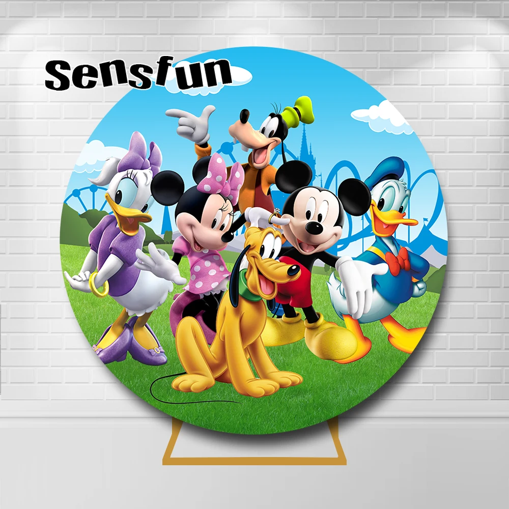 

Круглый фон с изображением Микки-клуба, Disney, Минни, Дональд Дак, Дейзи, небесно-голубой, зеленый луг, детский круг на день рождения, фон
