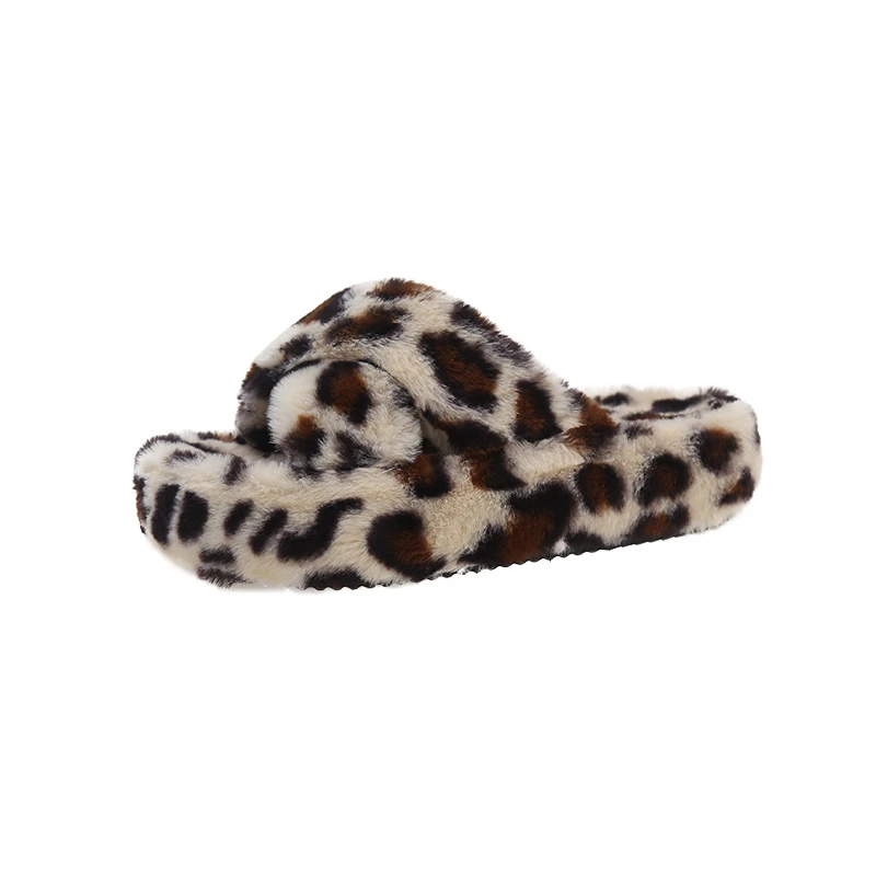 New Women Fashion Warm Fluffy Slippers Leopard Print Cross Strap Cozy Women Shoes Ladies Flip Flops Warm Shoes Zapatos De Mujer