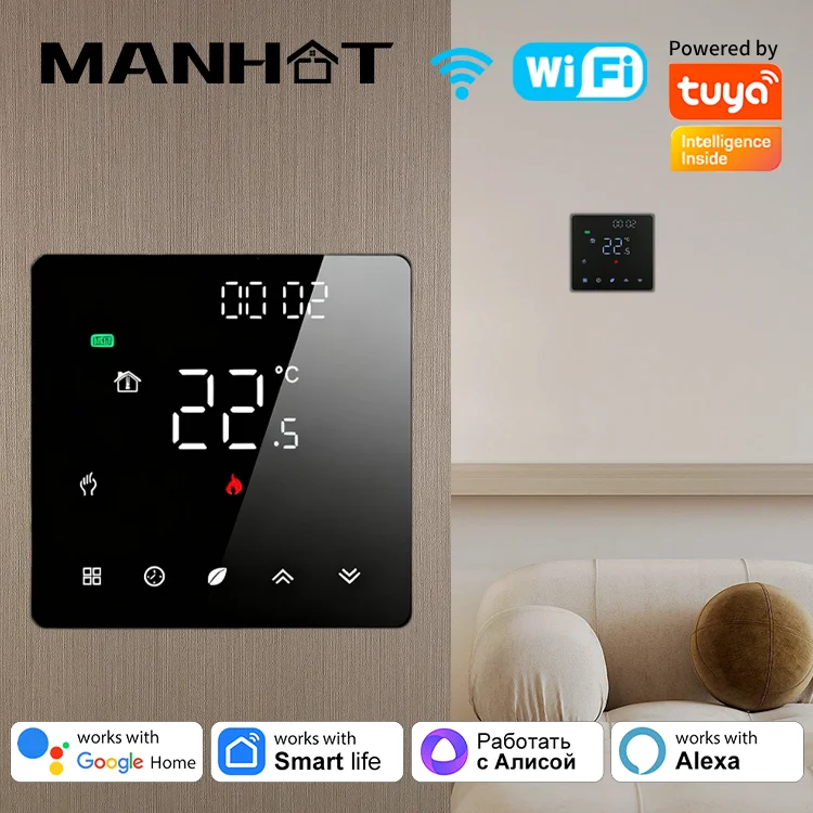 

Умный термостат Manhot WIFI для воды/электрического подогрева пола, газового котла, дистанционный регулятор температуры, работа Tuya Alexa Google