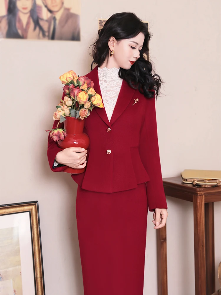 

Красный женский костюм для свадебного торжества с высокой талией, приталенный шерстяной комплект из двух предметов, V-образный вырез на пуговицах, дышащий, модный