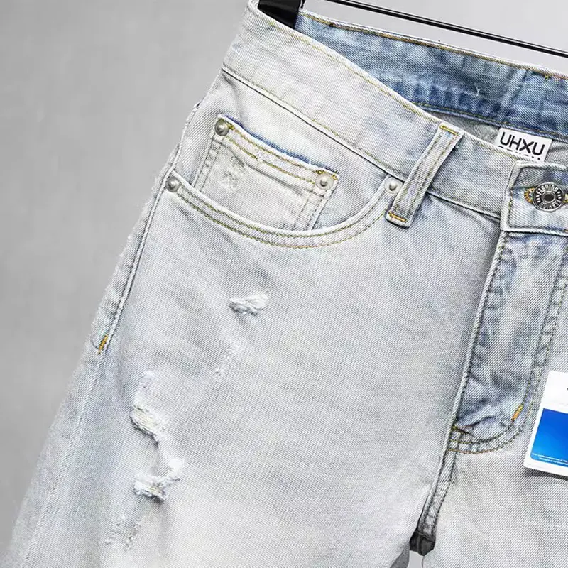 Street Fashion Men Jeans Retro Light Blue Stretch Slim Fit Hole Ripped Jeans Men Vintage Designer Denim Pants Hip Hop Trousers
