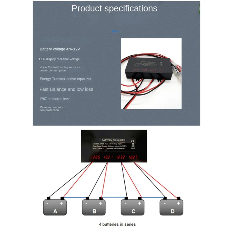 AA84 HA12L LED عرض موازن البطارية ل 4x12 فولت موازن البطارية 4S الجهد النشط الرصاص الحمضية بطاريات ليثيوم أيون LiFePO4