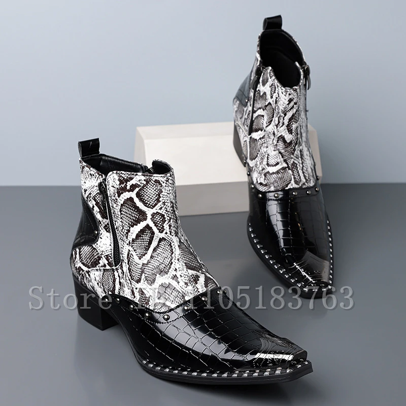 Men Snake Print Pointed Toe Western Cowboy Ankle Boots, Punk Rivet Studded Side Zipper Fashion Party Dress Short Booties