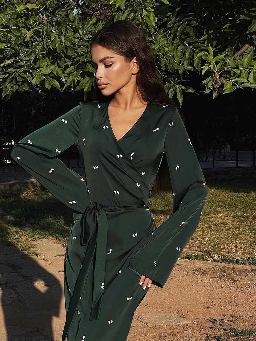 Marthaqiqi Printing Women Sleepwear Long Sleeve Pajamas Sexy V-Neck Nightwear Lace Up Nightie Ankle-Length Dress Ladies Pyjamas