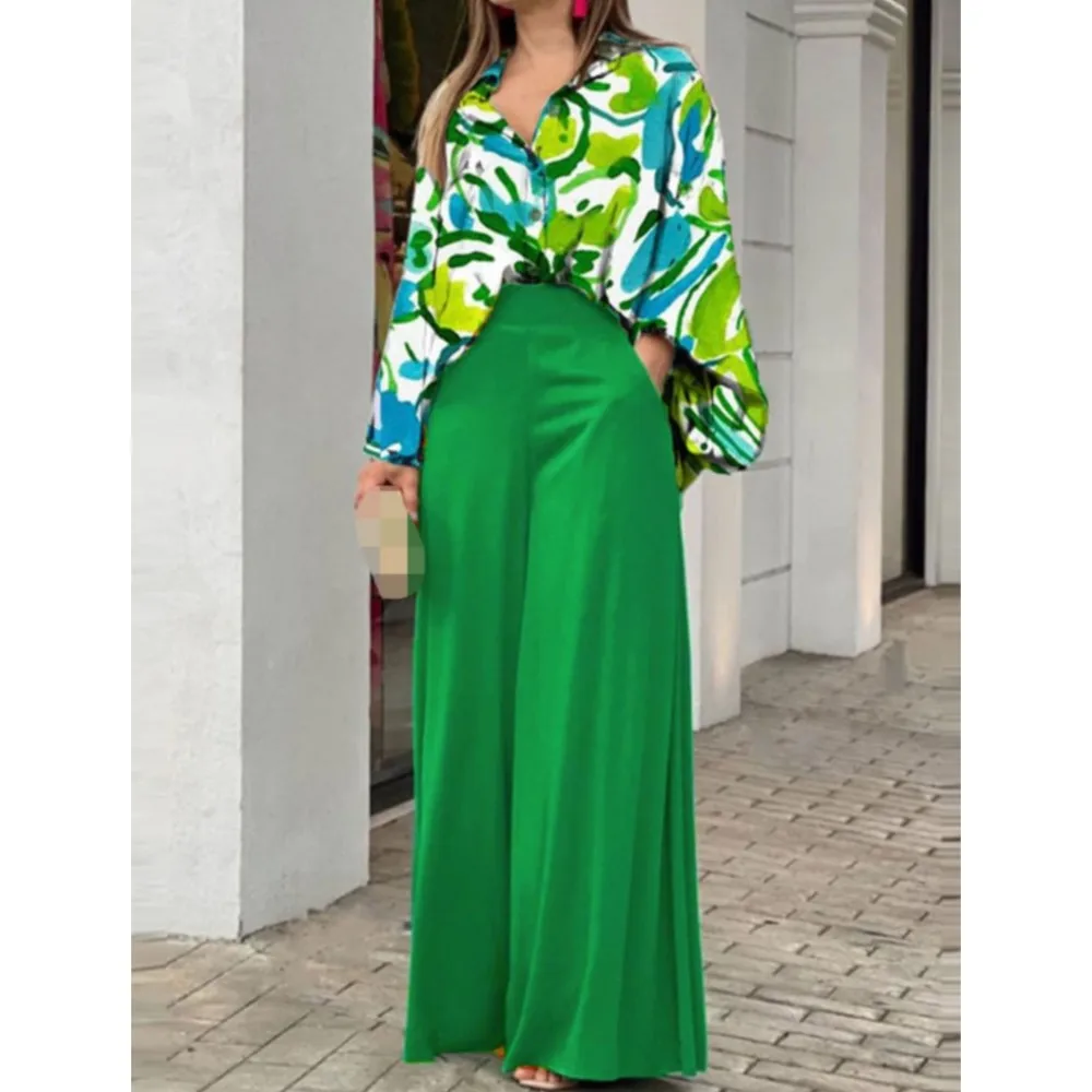 Spring Autumn New Women\'s Fashion Printed Single Breasted Shirt Solid Color Pants Casual Comfort Two Piece Set