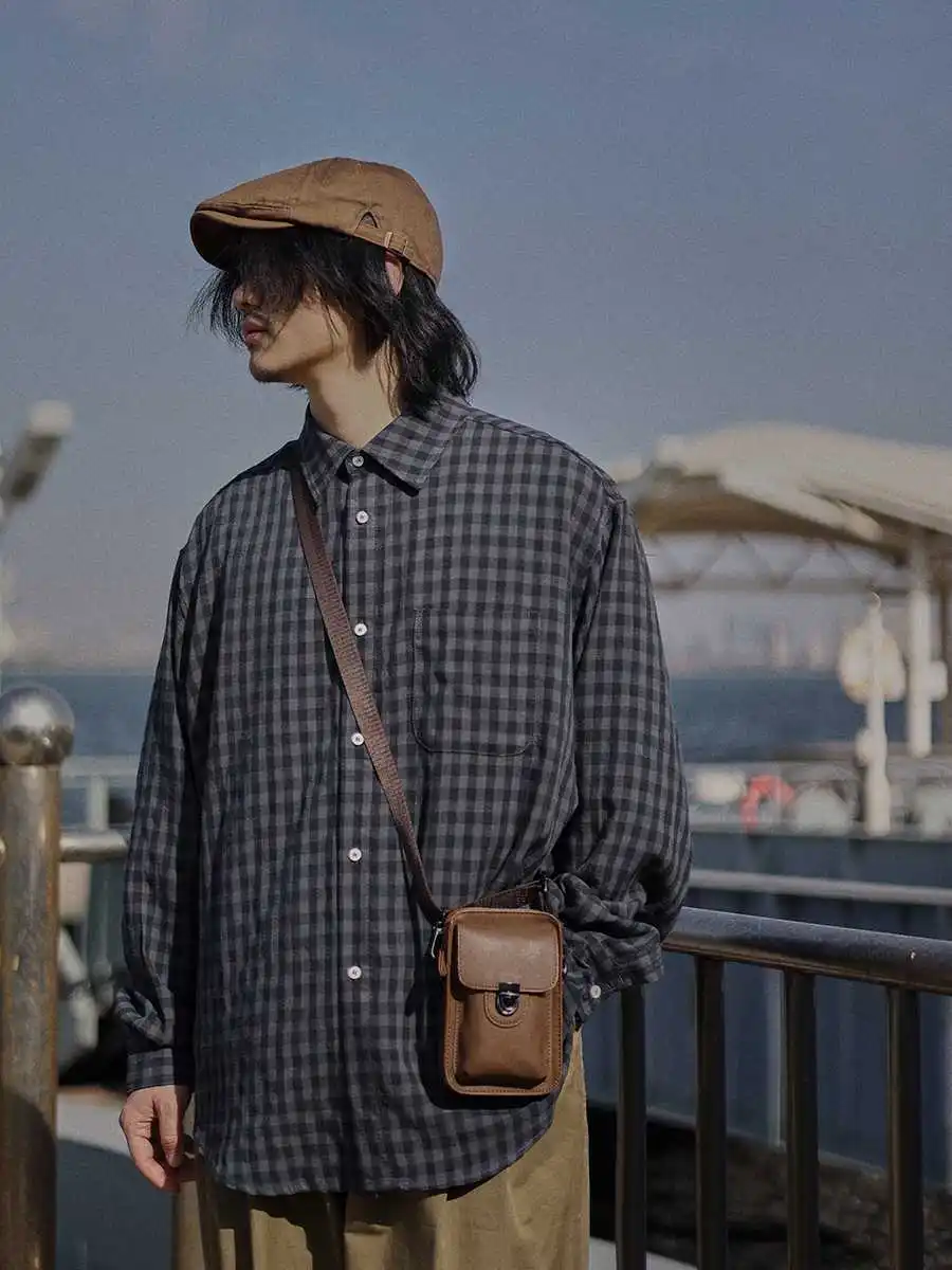 

y Retro Japanese Sle Long Sve Plaid irt Casual Loose ex Spring Faion Youth Button up irt Coat
