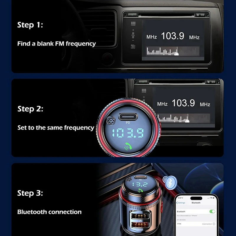 Car Bluetooth Adapter, Wireless FM Transmitter,Dual Fast Charging, Cigarette Lighter Radio MP3 Player, Hifi Bass Sound