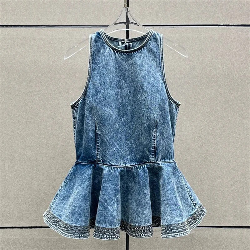 

Женский жилет, новинка лета 2026: облегающий топ без рукавов с рюшами, из чистого хлопка, с круглым вырезом, в стиле ретро, из выстиранного денима, Y2K, корсетный фасон