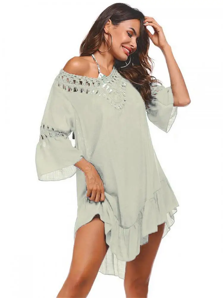 Verão sólido decote em v oco para fora manga de três quartos irregular crochê vestido curto feminino férias sem costas rendas vestidos smock
