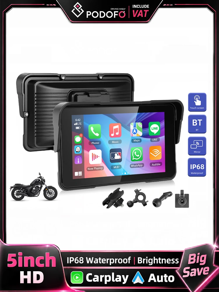 Podofo 5 Zoll HD-Bildschirm Motorrad Tragbarer Smart Player Kabelloses Android Auto Carplay IP68 Wasserdicht Helligkeitseinstellung Unterstützung für Reifendruckerkennung Typ-C IP68 Wasserdicht
