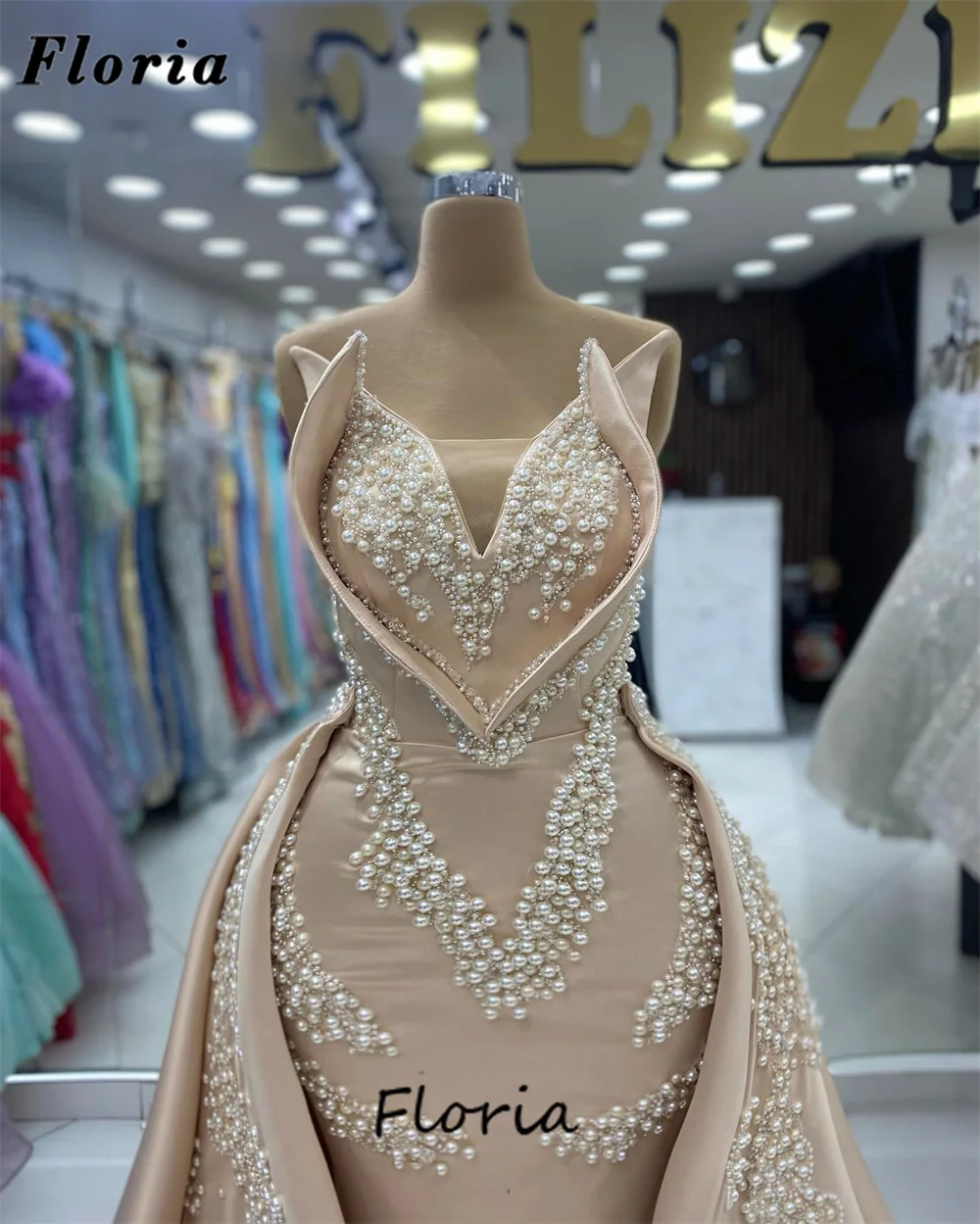 2024 Champagne Pearls Evening Dresses With Detachable Skirt Satin Long Party Dress Women Prom Vestidos De Gala Cocktail Gowns