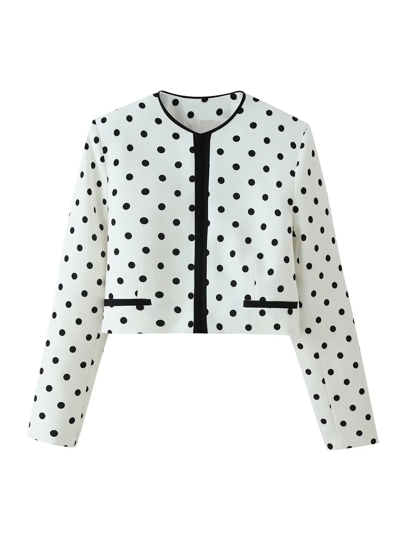 

Women Polka Dot Cropped Blazer Jackets Contrast Trim Coats Outwear