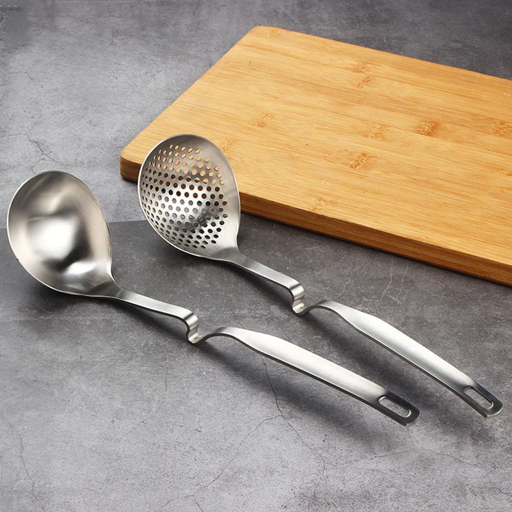 

2pcs Stainless Steel Hanging Slotted Spoon Soup Ladle For Kitchen Cooking Utensil Skimmer With Bend Design Filter Tool