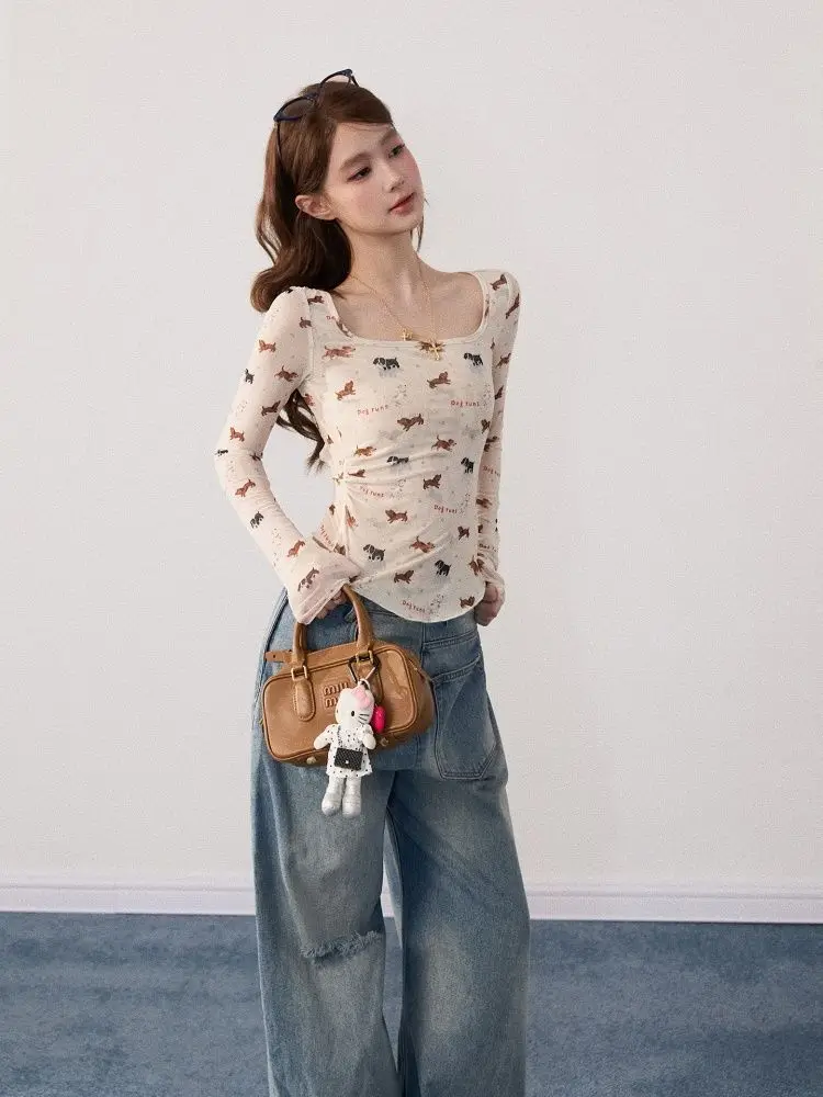 Y2k americano retro impresso t camisa feminina harajuku bodycon manga longa topo início do outono streetwear blusa coreano chique roupas femininas