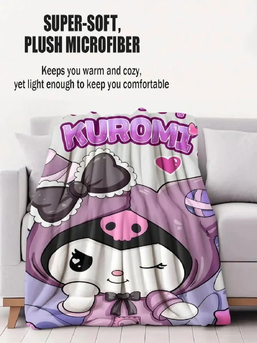 Cartoon Sanrio Kuromi Flannel Blanket Soft Fluffy Fleece Throw Warm Travel Camping Blanket for Children and Girls
