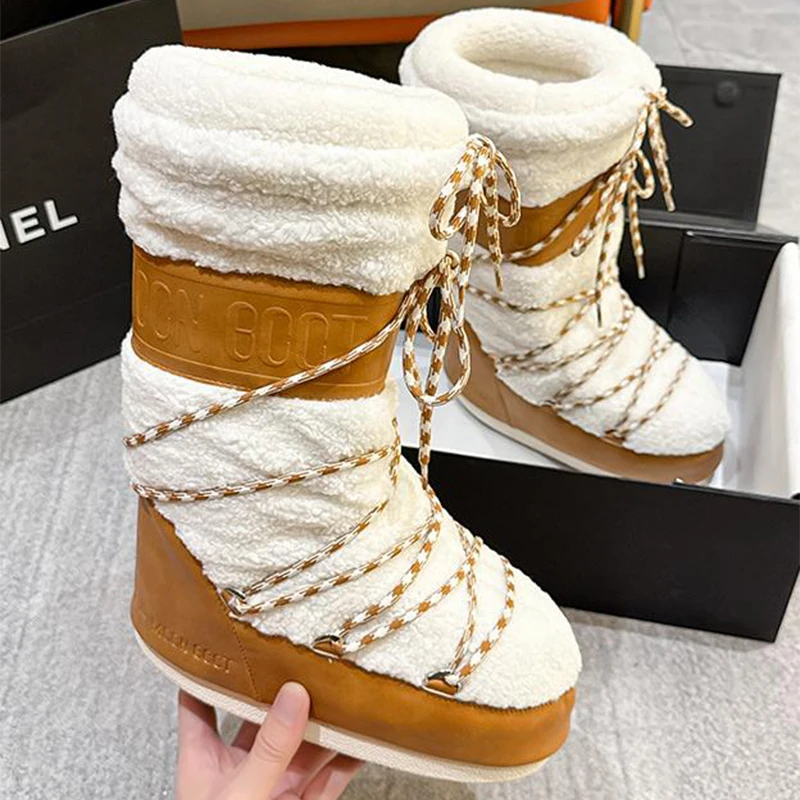 Brand Fur Snow Boots Women Winter Thick Warm Sleeve Cotton Boots Non-slip Wear-resistant Strap Design Bread Boots High Top Boots