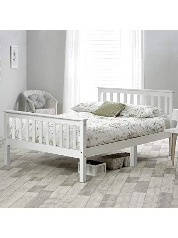 PINGGO Double Bed Wooden Frame 4ft6 Double Wooden Bed in White For Adults, Kids, Teenagers(4FT6)