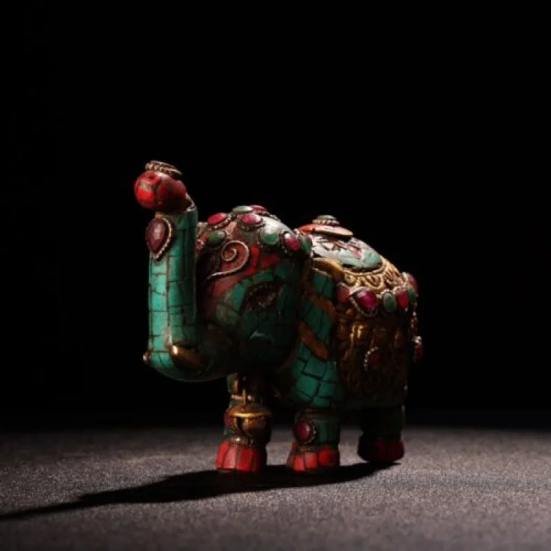 Chinese Old Tibet Pure Copper Inlaid Gem Hand Painted Golden Elephant Statue