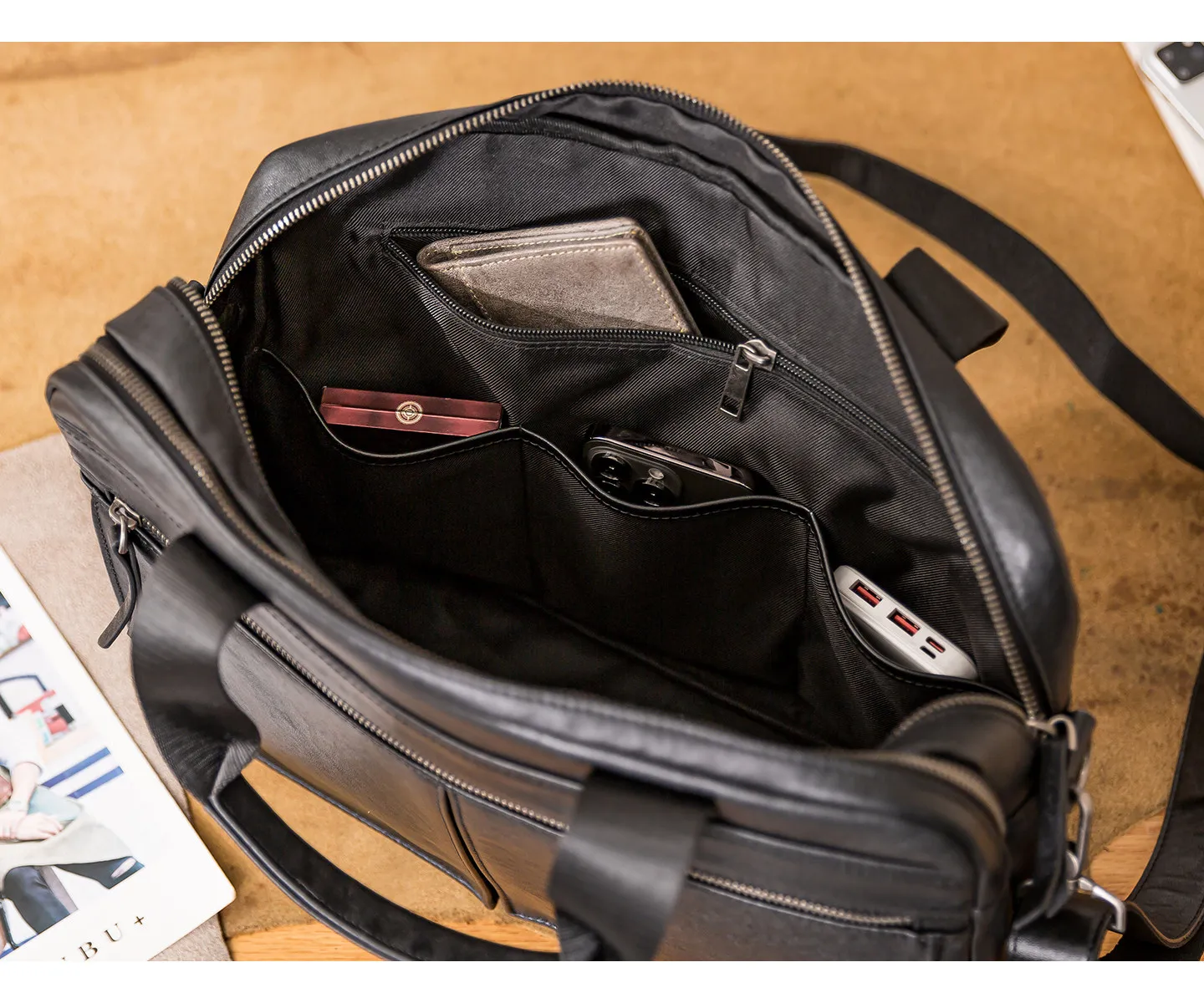 business work genuine leather men's black briefcase casual designer handmade real cow leather luxury laptop messenger bag
