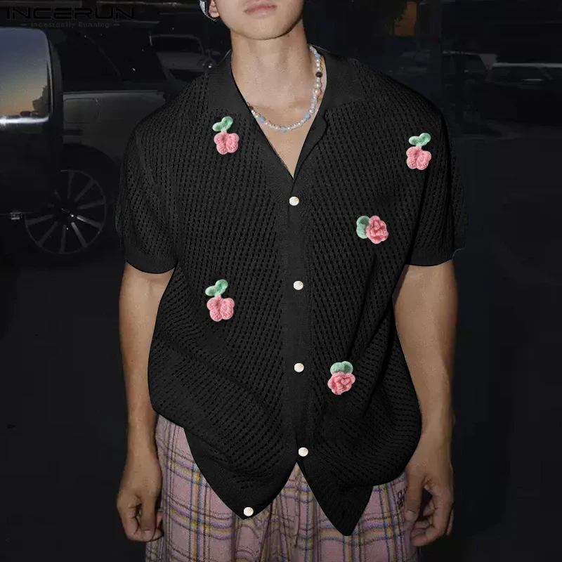 INCERUN Men Shirt Flower Patchwork Lapel Short Sleeve Summer Men Clothing Streetwear 2025 Hollow Out Sexy Fashion Male Shirts