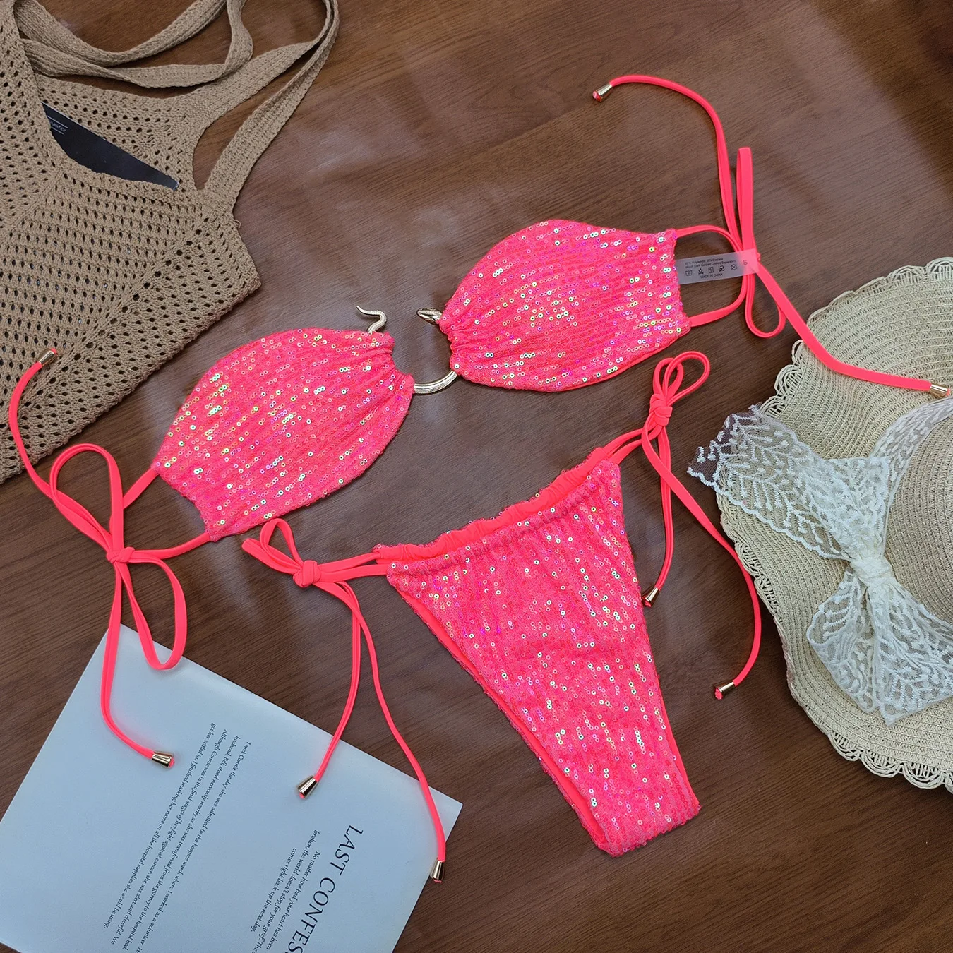 Shiny Pink Micro Bikini 2025 Mujer Women Sexy PU Pearls Push Up Thong Swimsuit Summer Bathing Suit Bandage Holiday Swimwear