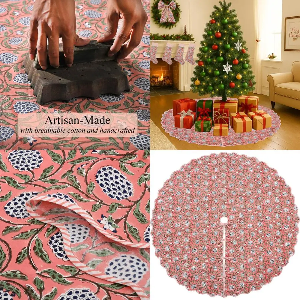 

60 Inch Hand Block Printed Christmas Tree Skirt - Cute, Boho, Decorative, Rustic, Vintage, Indoor/Outdoor, Holiday Decor, Perfec