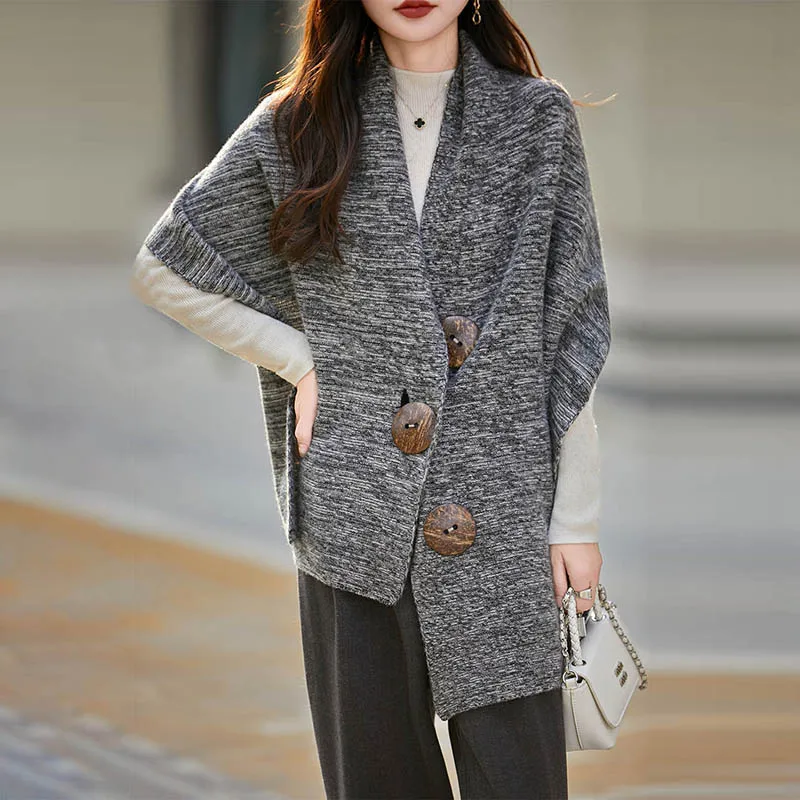 

2025 модная нерегулярная шаль из 100% мериносовой шерсти, однотонная шаль, женская вязаная уличная шаль с осенними большими пуговицами, женская шаль