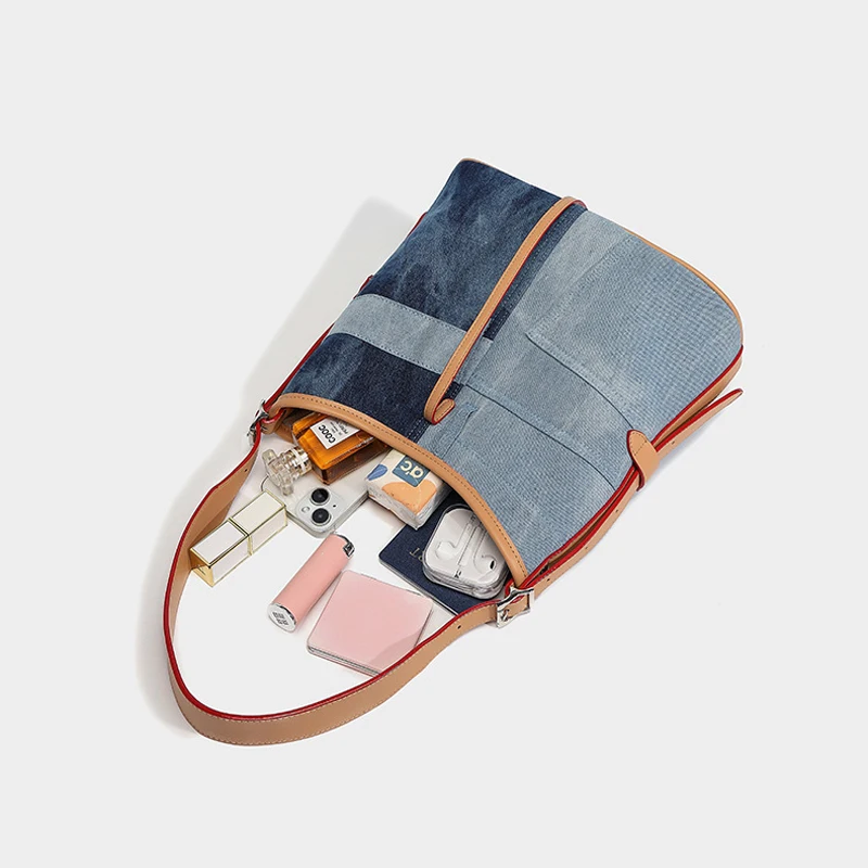Lazy Style Denim Splicing Tote Bag for Women 2024 New Large Capacity Commuter Canvas Bag Fashionable Shoulder Crossbody Bag