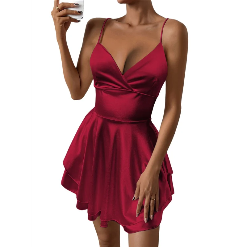 

CYL-Women Spaghetti Strap Satin Dress Sleeveless Low Cut Backless Short Romper Dress Party Jumpsuit Mini Sundress