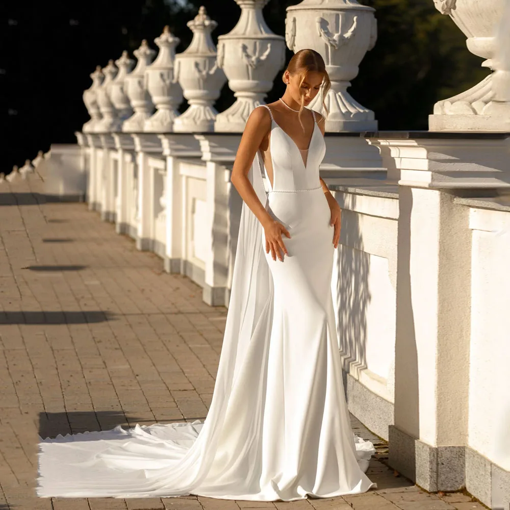 

Satin Mermaid Beading Wedding Dress Women Spaghetti Strap Backless V Neck Shawl Bridal Gown Vestidos De Novia Customized 2026