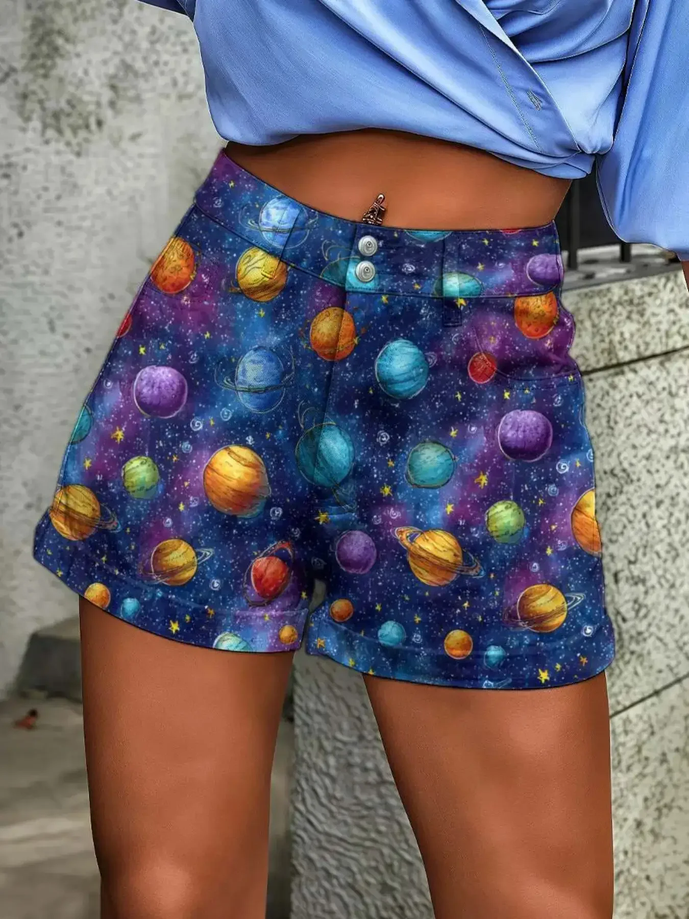 

Women's Retro Fashion Cowboy Shorts - High Waist Loose Short, Various Exquisite Patterns,Colorful Planet, Milky Way.