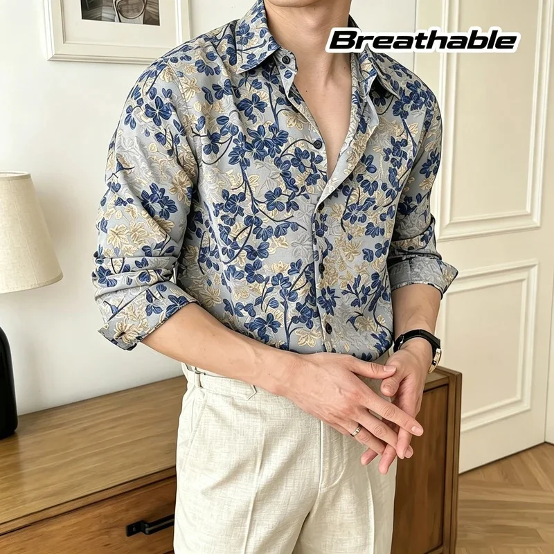 Men's Long-Sleeved Collared Shirt, Floral Print, Breathable, Plus-Size, Casual, Trendy, lightweight Cardigan Top.