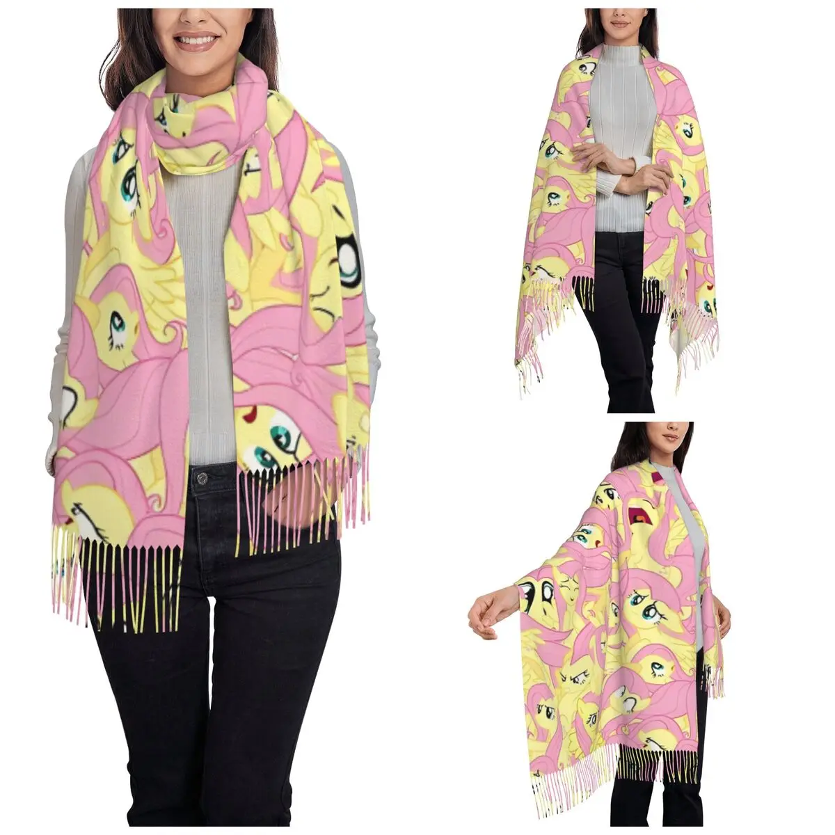 My Little Pony Fluttershy Mess Scarf for Women Warm Winter Cashmere Shawl Wrap Long Shawl Scarf for Evening Dress