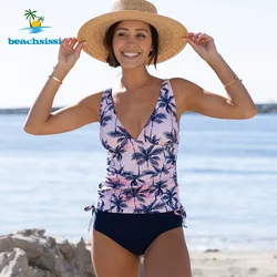 Beachsissi-Conjunto de Bikini con estampado de hojas para mujer, traje de baño fruncido lateral con cordón, bañador con cuello en V, ropa de playa, 2 piezas