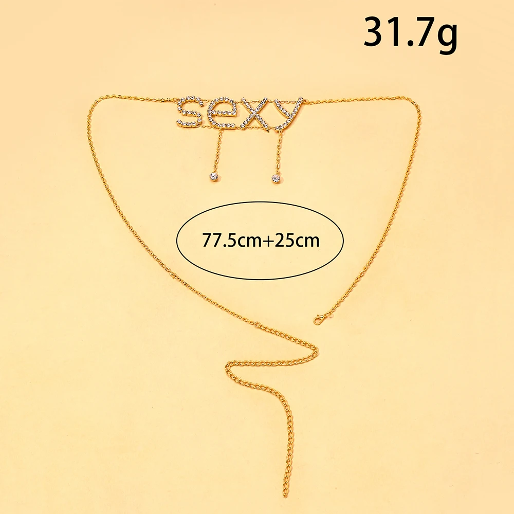 Sexy Letter Gold Waist Chain for Women Body Jewelry Summer Beach Sparkling Rhinestone Belly Chains Bikini Y2K Accessories