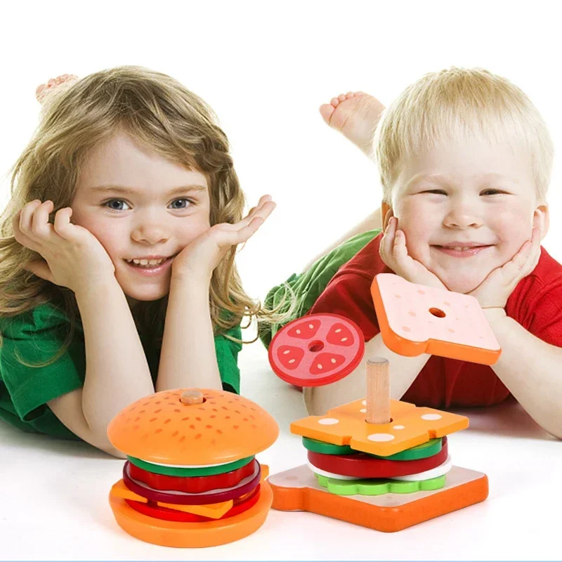 Wooden Simulation Hamburger Children Toys Montessori Educational Learning Color Shape Matching Board Game Toys For 3-6 Year Olds