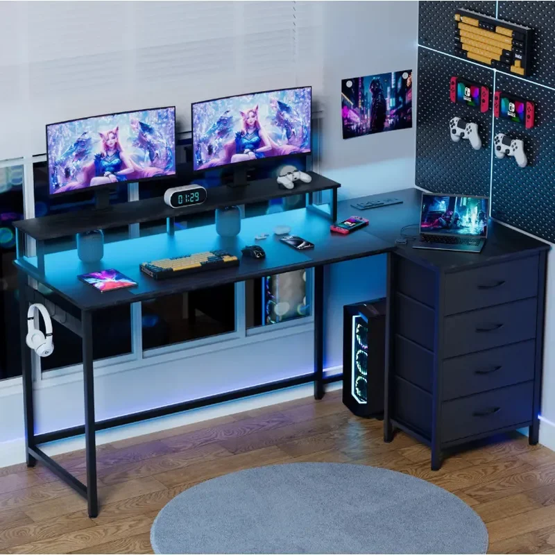 Modern Computer Desk with Storage Drawers and Locker Home Office Workstation for Students Gaming Table