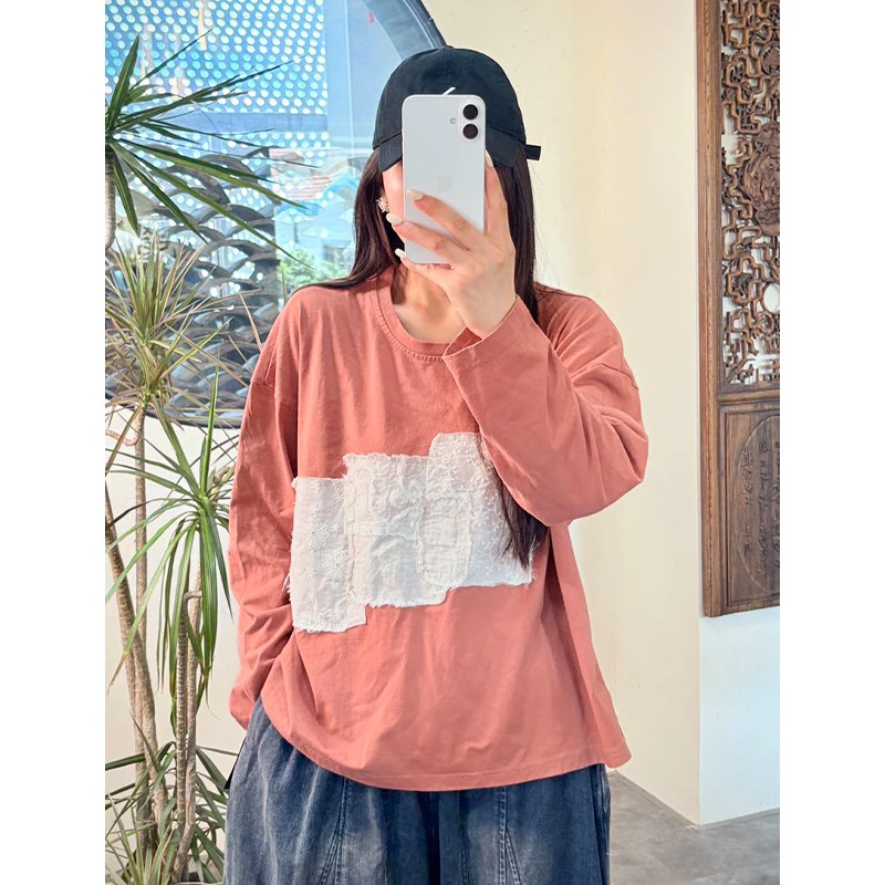 Masss Wasss 2026 Spring British Classic Patchwork Clothes Women Fashion Casual Vintage T-shirts Ladies Loose Elegant O Neck Tops