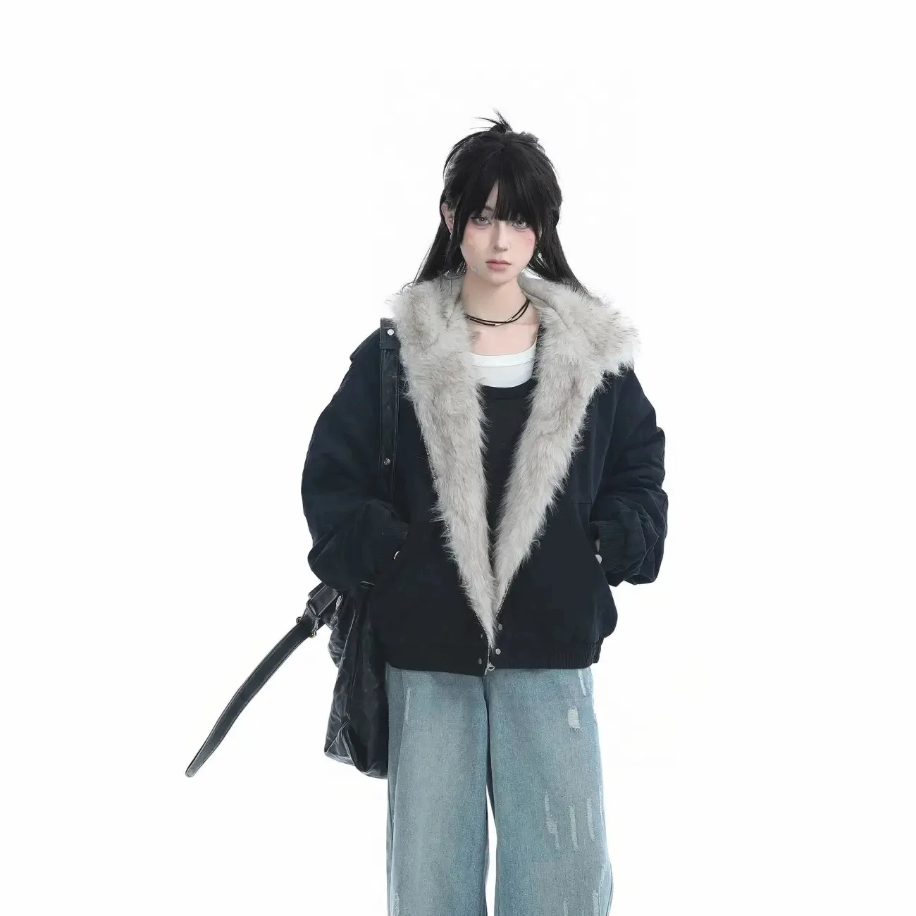 أنثى زائد المخملية الدافئة عارضة أفخم أبلى Y2K فو الفراء طوق مقنعين القطن وسادة مبطنة المرأة الرجعية الشارع الشهير معطف فضفاض #2