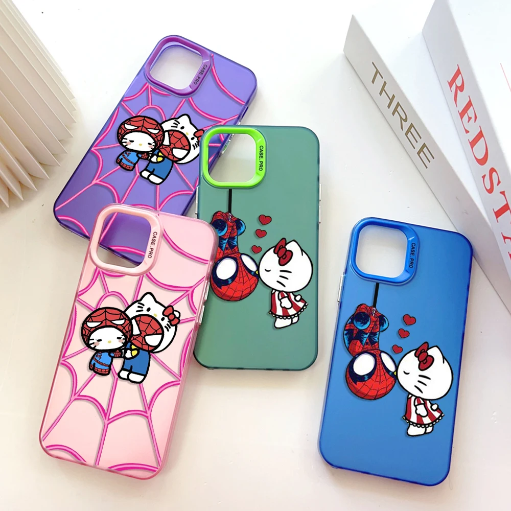 Spidermans Hello Kittys Phone Case for IPhone 13 12 11 15 14 Pro Max Plus Lens Creative Border Silver Plated Inside Hard TPU